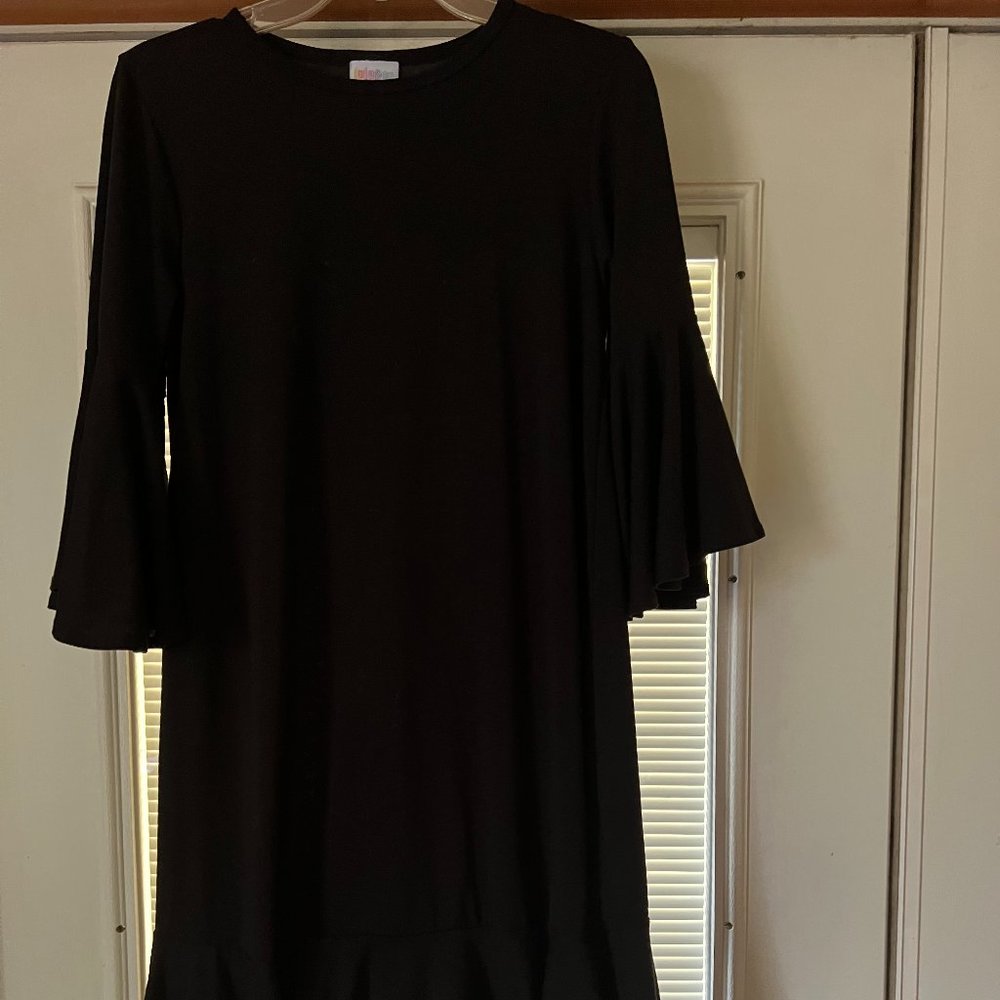 LuLaRoe Maureen Small Black Dress Ruffle Bell Sleeve